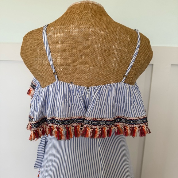 THML Wrap Maxi Dress Women’s Large Blue White Stripe Tribal Fringe Tassels lined - Picture 4 of 10